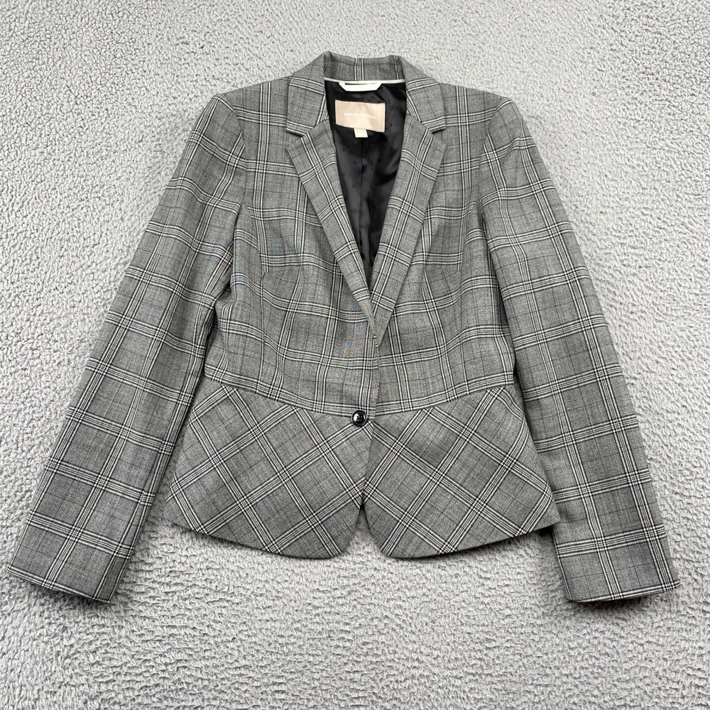 Banana Republic Blazer Womens 10 Grey Plaid Wool Blend‎ Peplum One Button Office